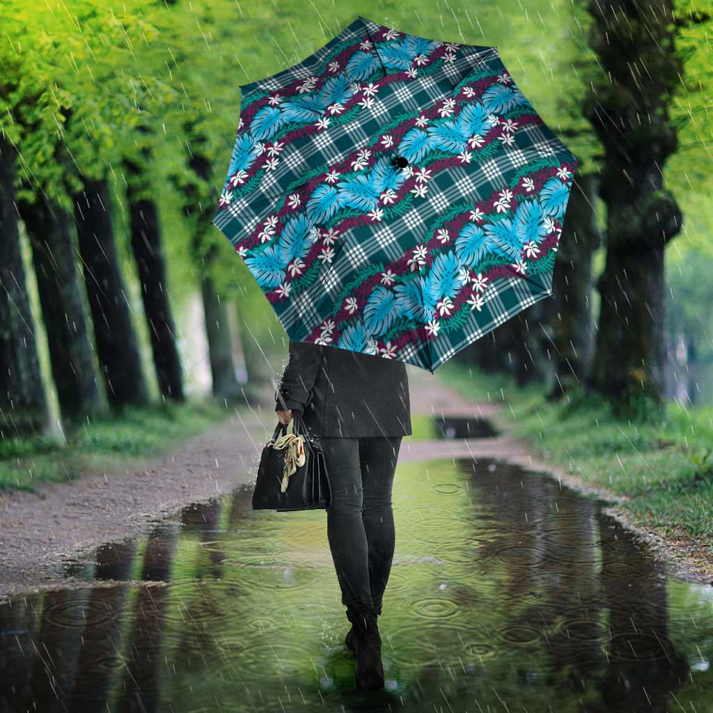 Polynesian Monstera Tiare Floral Umbrella Dark Teal Tropical Plaid LT01 - Polynesian Pride