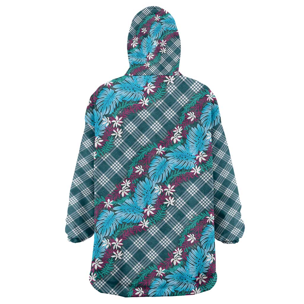 Polynesian Monstera Tiare Floral Wearable Blanket Hoodie Dark Teal Tropical Plaid LT01 - Polynesian Pride