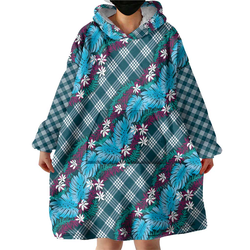 Polynesian Monstera Tiare Floral Wearable Blanket Hoodie Dark Teal Tropical Plaid LT01 - Polynesian Pride