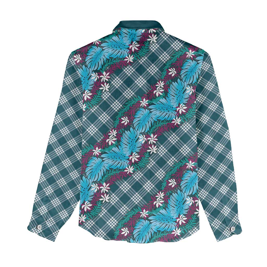 Polynesian Monstera Tiare Floral Women Casual Shirt Dark Teal Tropical Plaid - Polynesian Pride