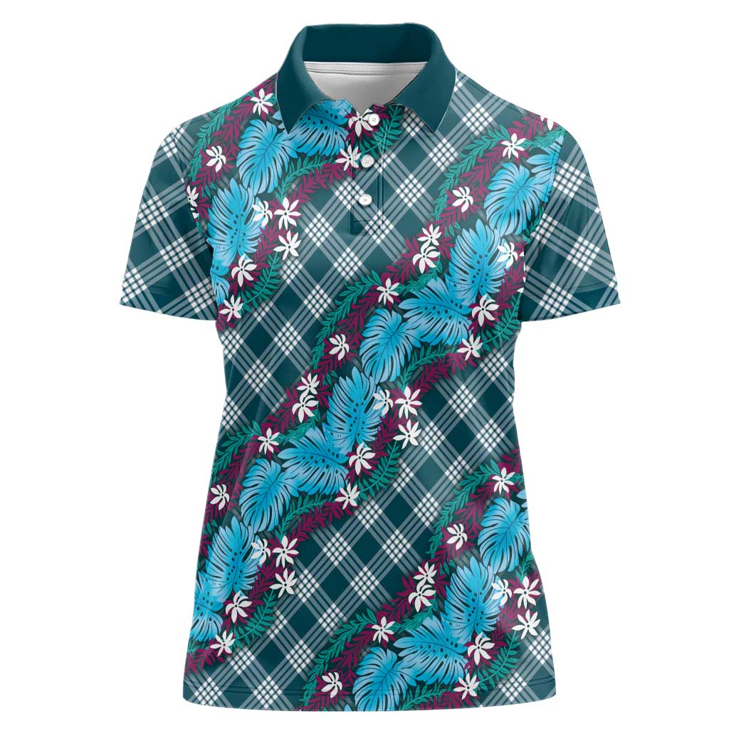 Polynesian Monstera Tiare Floral Women Polo Shirt Dark Teal Tropical Plaid LT01 Female Teal - Polynesian Pride