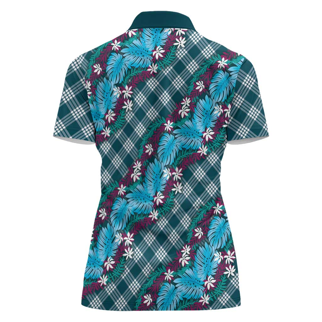Polynesian Monstera Tiare Floral Women Polo Shirt Dark Teal Tropical Plaid LT01 - Polynesian Pride