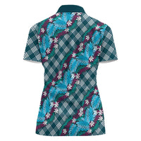 Polynesian Monstera Tiare Floral Women Polo Shirt Dark Teal Tropical Plaid LT01 - Polynesian Pride