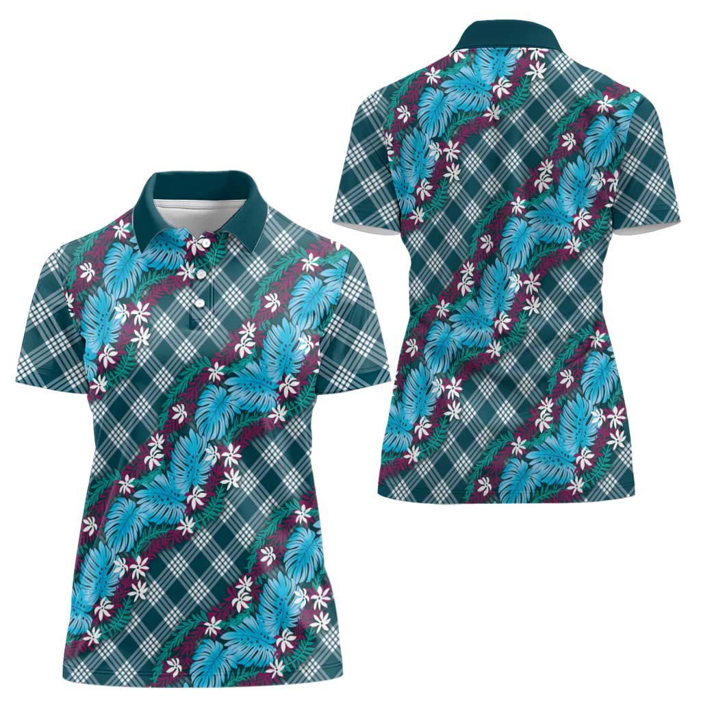 Polynesian Monstera Tiare Floral Women Polo Shirt Dark Teal Tropical Plaid LT01 - Polynesian Pride