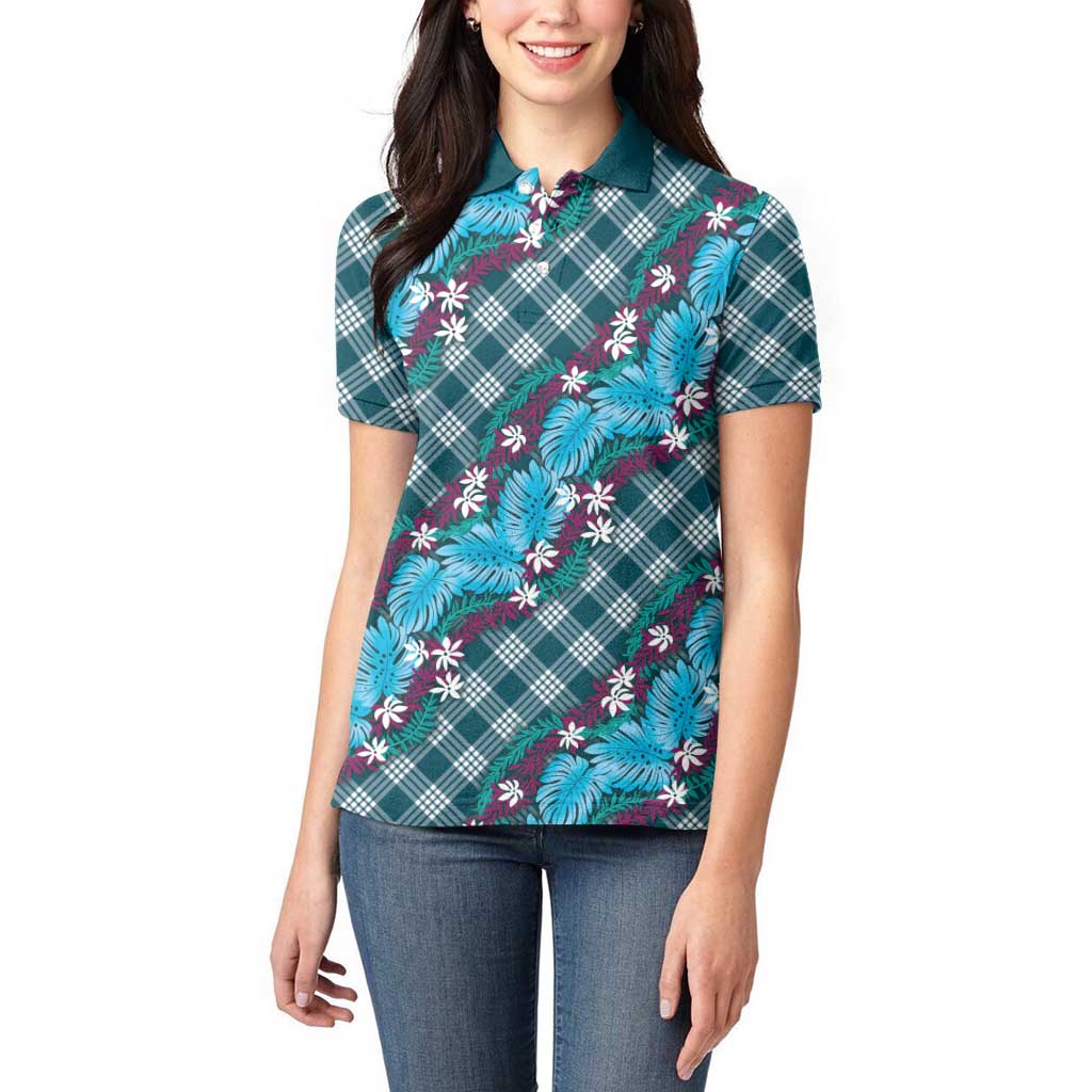 Polynesian Monstera Tiare Floral Women Polo Shirt Dark Teal Tropical Plaid LT01 - Polynesian Pride
