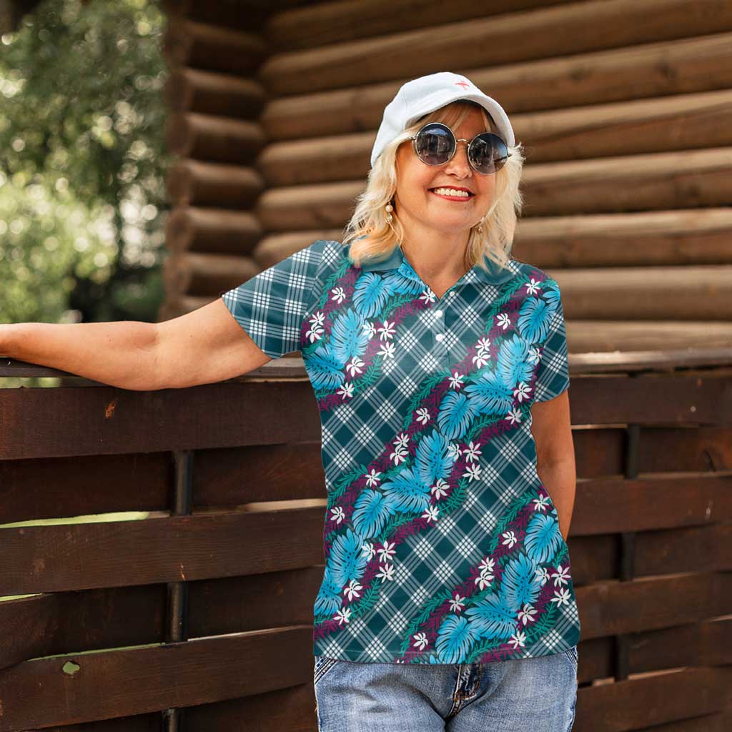 Polynesian Monstera Tiare Floral Women Polo Shirt Dark Teal Tropical Plaid LT01 - Polynesian Pride