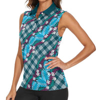 Polynesian Monstera Tiare Floral Women Sleeveless Polo Shirt Dark Teal Tropical Plaid LT01 - Polynesian Pride