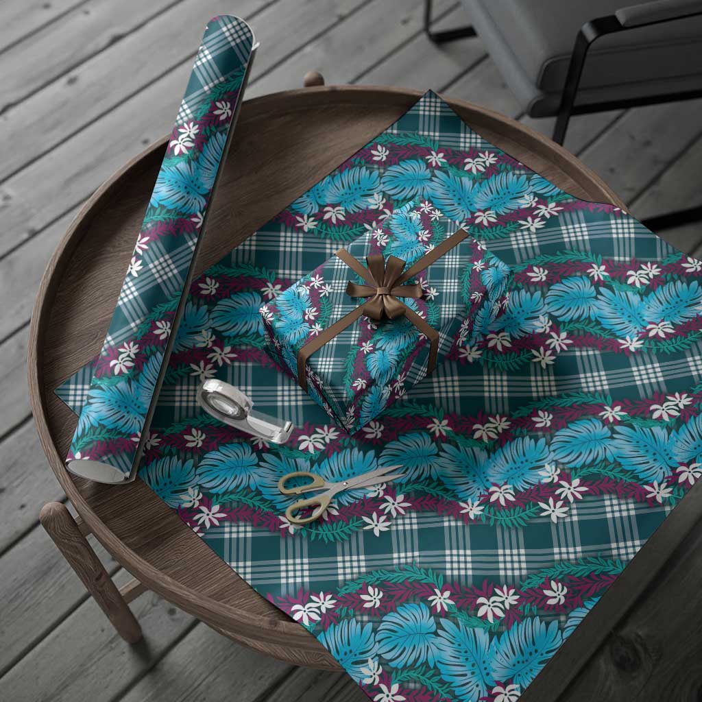 Polynesian Monstera Tiare Floral Wrapping Paper Dark Teal Tropical Plaid LT01 - Polynesian Pride