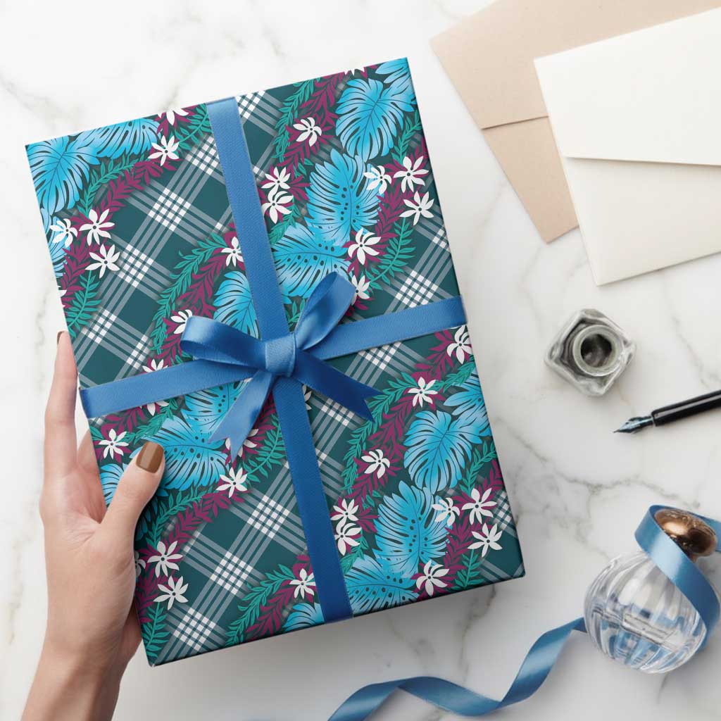Polynesian Monstera Tiare Floral Wrapping Paper Dark Teal Tropical Plaid LT01 - Polynesian Pride