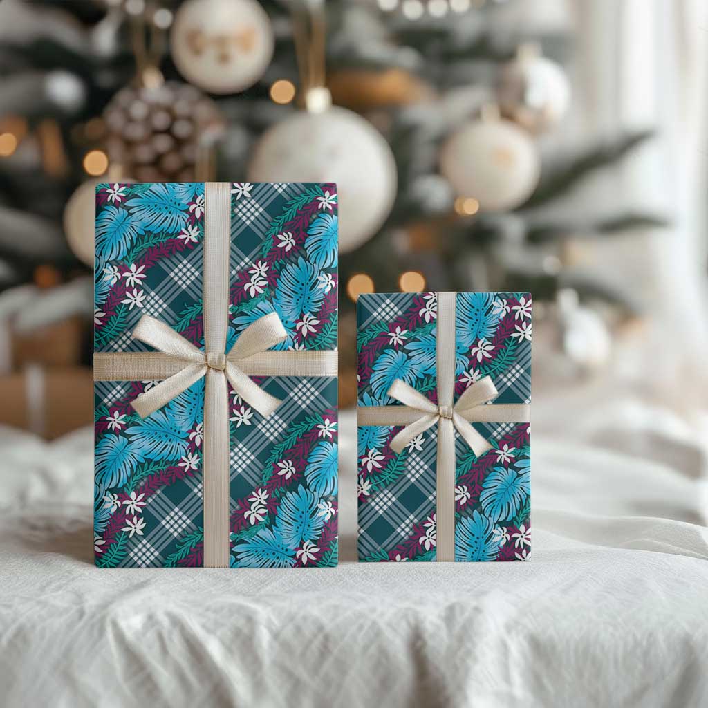 Polynesian Monstera Tiare Floral Wrapping Paper Dark Teal Tropical Plaid LT01 - Polynesian Pride