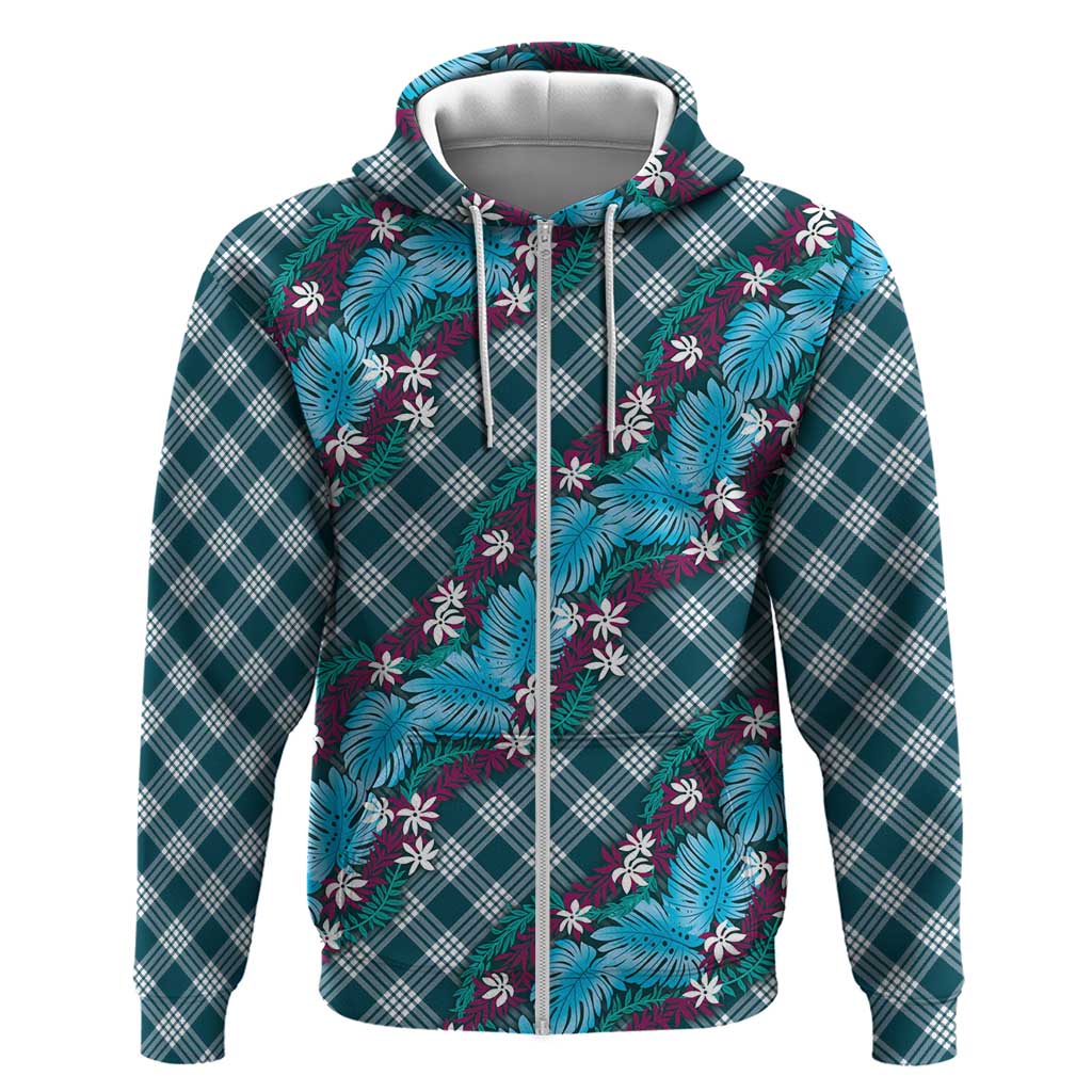 Polynesian Monstera Tiare Floral Zip Hoodie Dark Teal Tropical Plaid LT01 Zip Hoodie Teal - Polynesian Pride