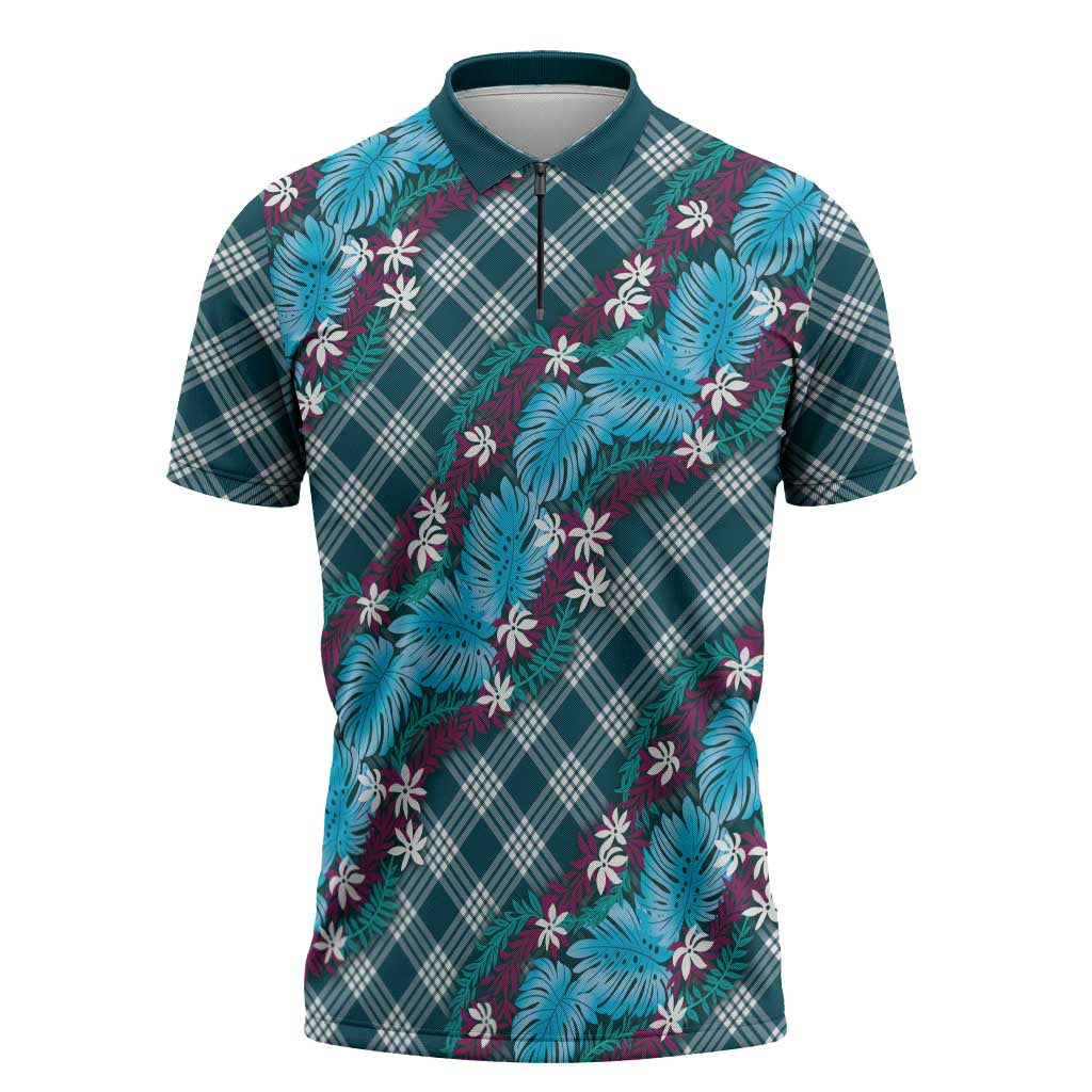 Polynesian Monstera Tiare Floral Zipper Polo Shirt Dark Teal Tropical Plaid LT01 Teal - Polynesian Pride