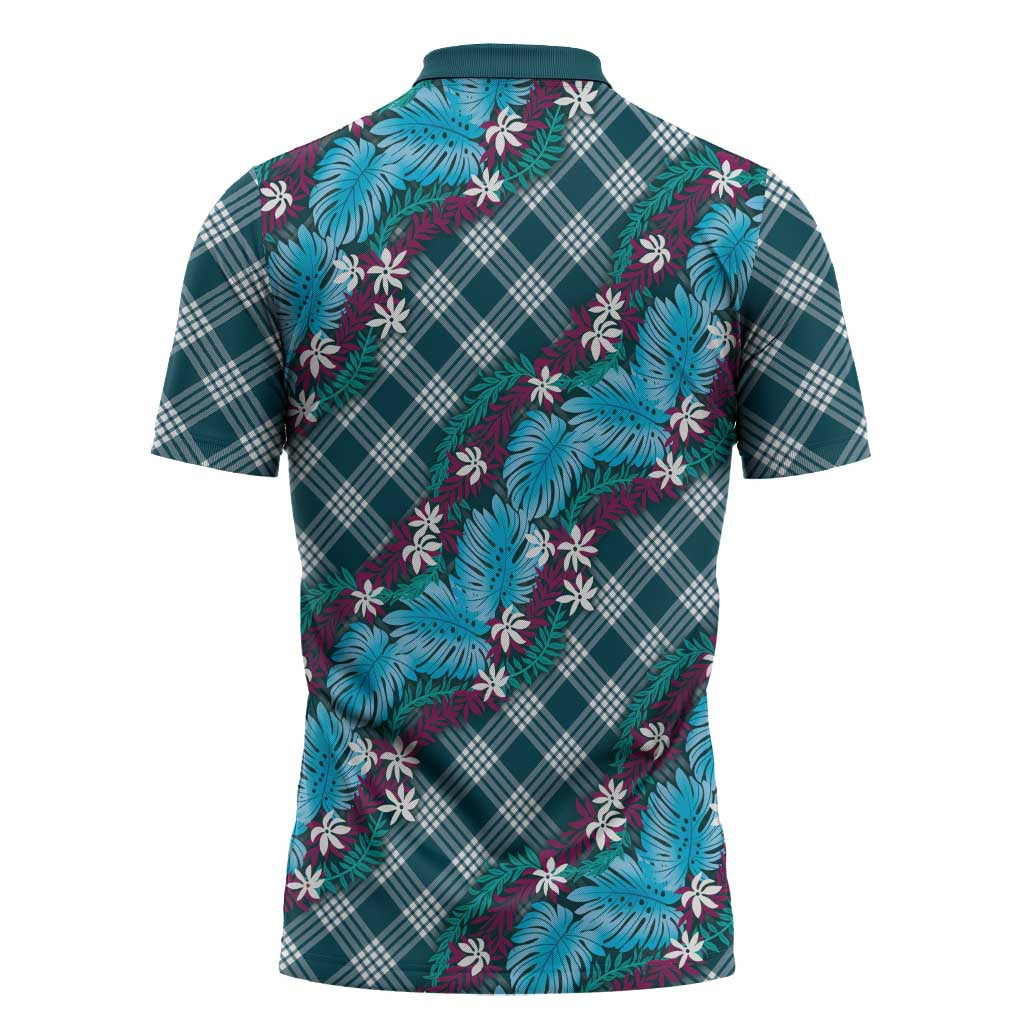 Polynesian Monstera Tiare Floral Zipper Polo Shirt Dark Teal Tropical Plaid LT01 - Polynesian Pride