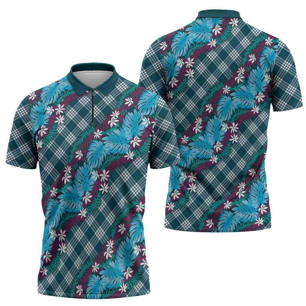 Polynesian Monstera Tiare Floral Zipper Polo Shirt Dark Teal Tropical Plaid LT01 - Polynesian Pride