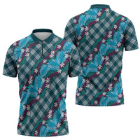 Polynesian Monstera Tiare Floral Zipper Polo Shirt Dark Teal Tropical Plaid LT01 - Polynesian Pride
