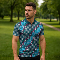 Polynesian Monstera Tiare Floral Zipper Polo Shirt Dark Teal Tropical Plaid LT01 - Polynesian Pride