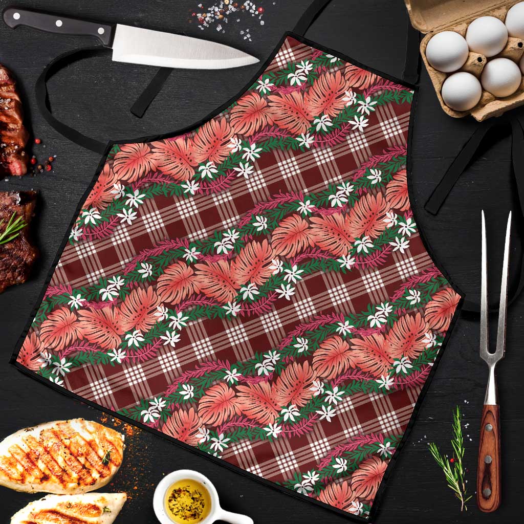 Polynesian Monstera Tiare Floral Apron Burgundy Tropical Plaid LT01 Red - Polynesian Pride