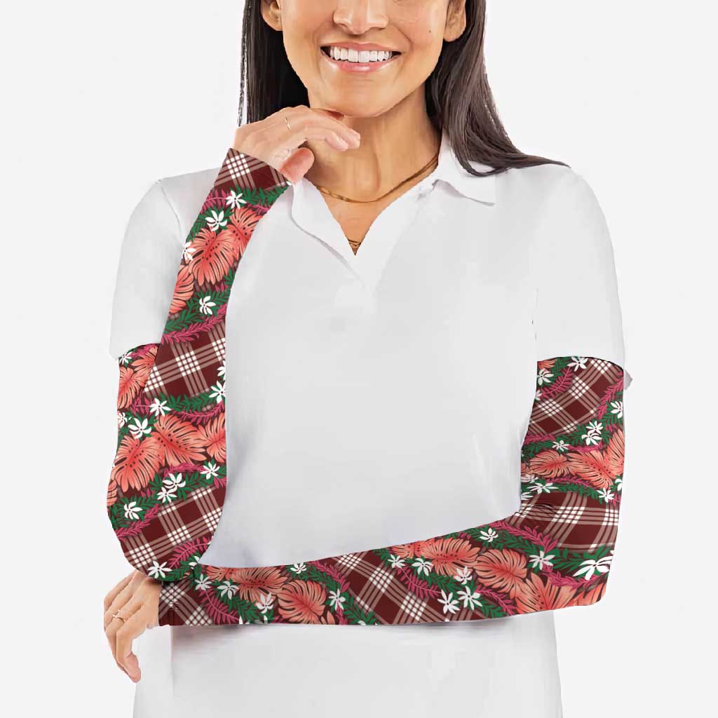 Polynesian Monstera Tiare Floral Arm Sleeves Burgundy Tropical Plaid LT01 - Polynesian Pride