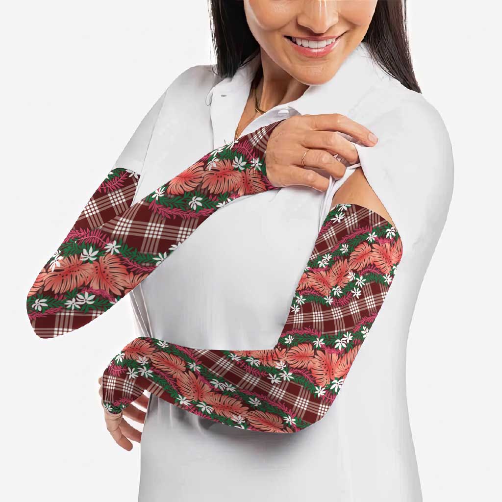Polynesian Monstera Tiare Floral Arm Sleeves Burgundy Tropical Plaid LT01 - Polynesian Pride