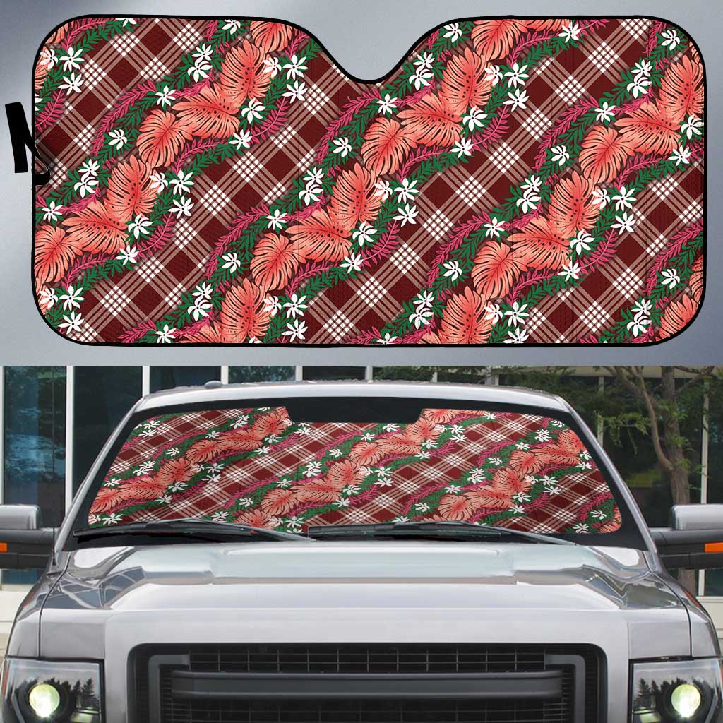 Polynesian Monstera Tiare Floral Auto Sun Shade Burgundy Tropical Plaid - Polynesian Pride