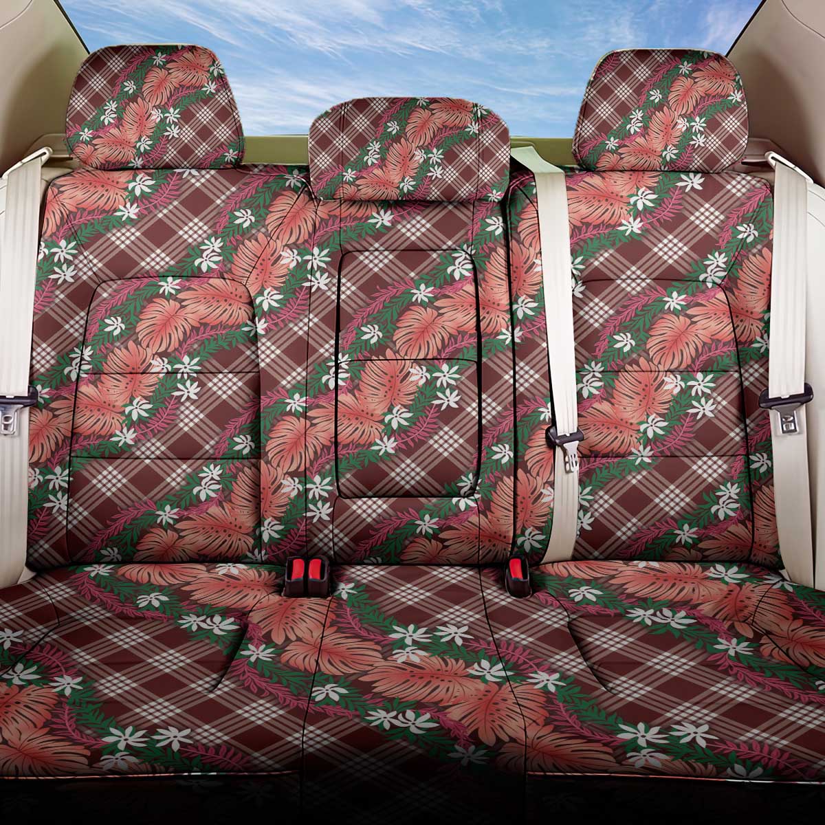 Polynesian Monstera Tiare Floral Back Car Seat Cover Burgundy Tropical Plaid LT01 One Size Red - Polynesian Pride