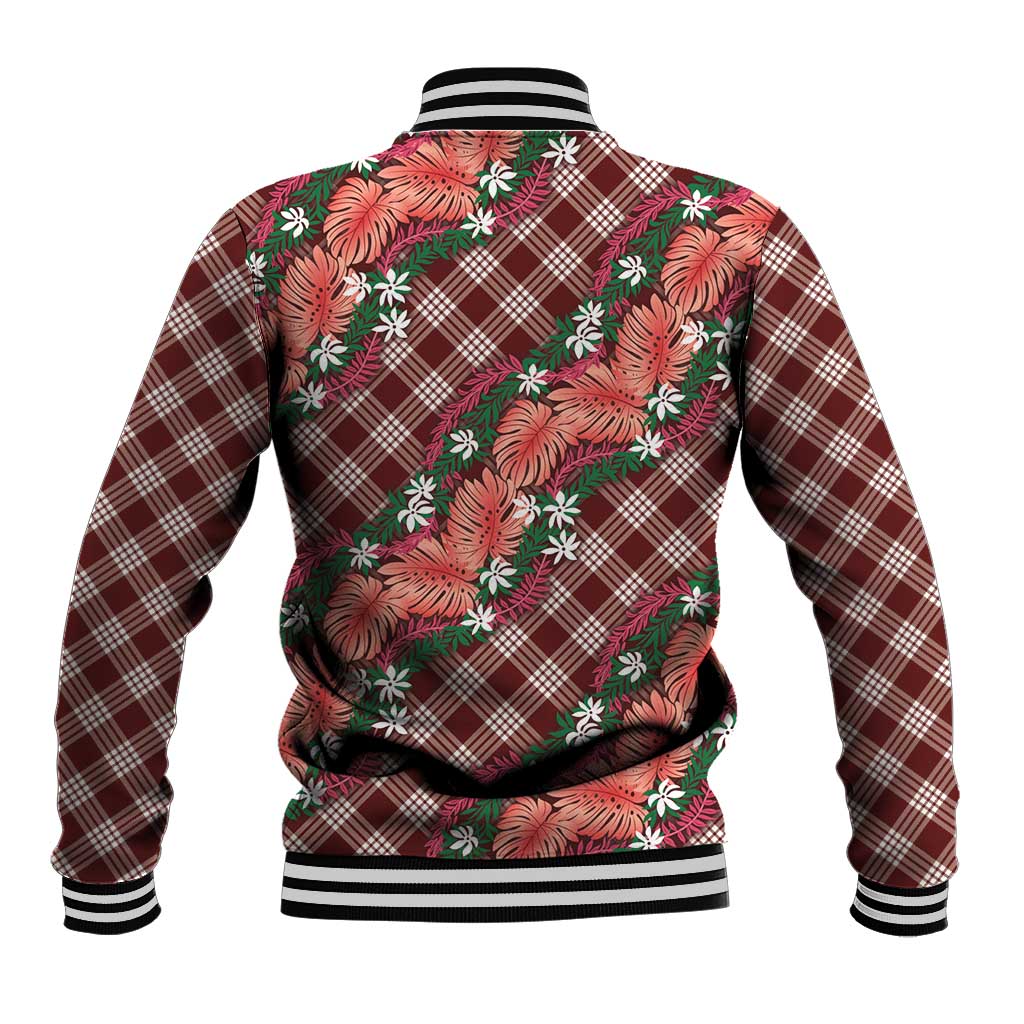 Polynesian Monstera Tiare Floral Baseball Jacket Burgundy Tropical Plaid LT01 - Polynesian Pride