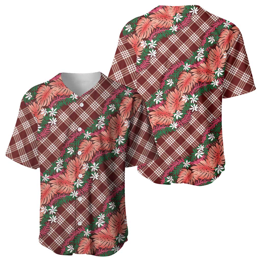 Polynesian Monstera Tiare Floral Baseball Jersey Burgundy Tropical Plaid LT01 - Polynesian Pride