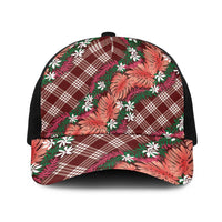 Polynesian Monstera Tiare Floral Baseball Net Cap Burgundy Tropical Plaid - Polynesian Pride