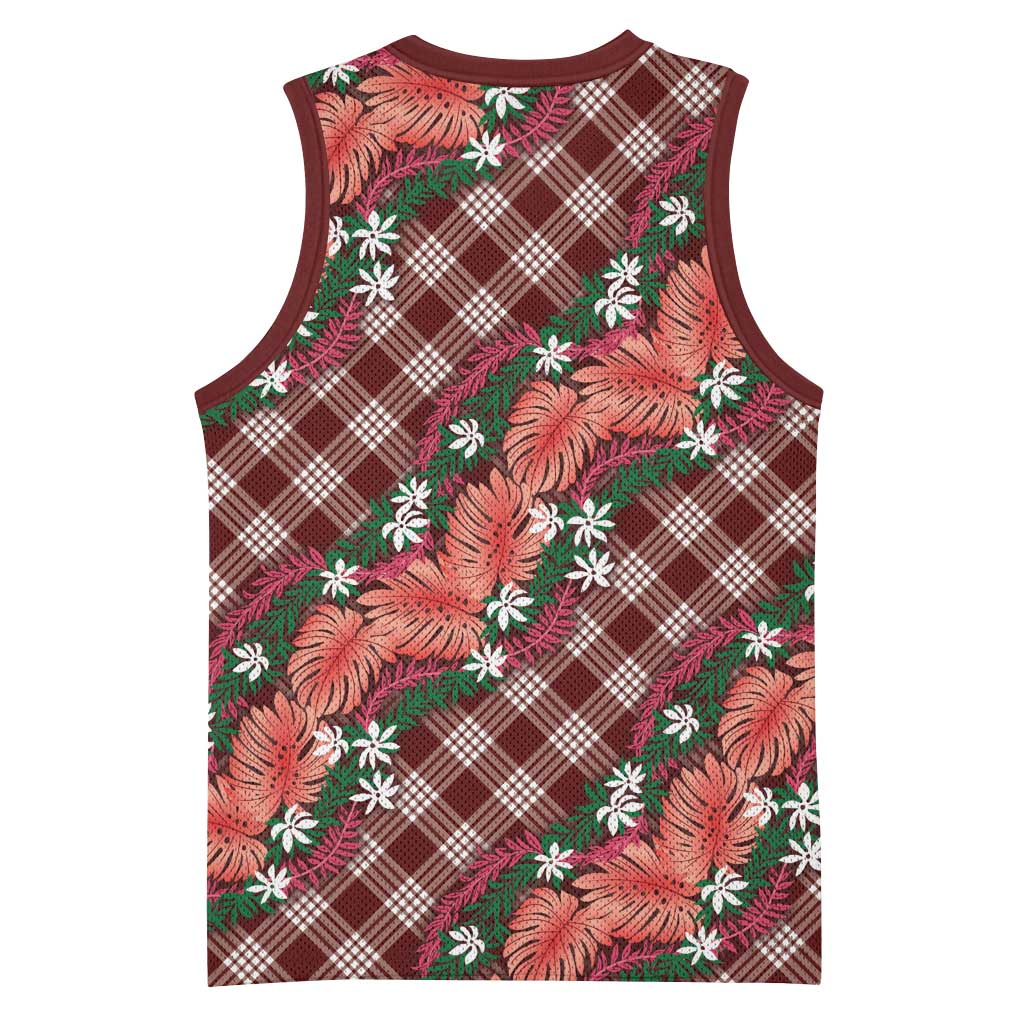 Polynesian Monstera Tiare Floral Basketball Jersey Burgundy Tropical Plaid LT01 - Polynesian Pride