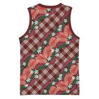 Polynesian Monstera Tiare Floral Basketball Jersey Burgundy Tropical Plaid LT01 - Polynesian Pride