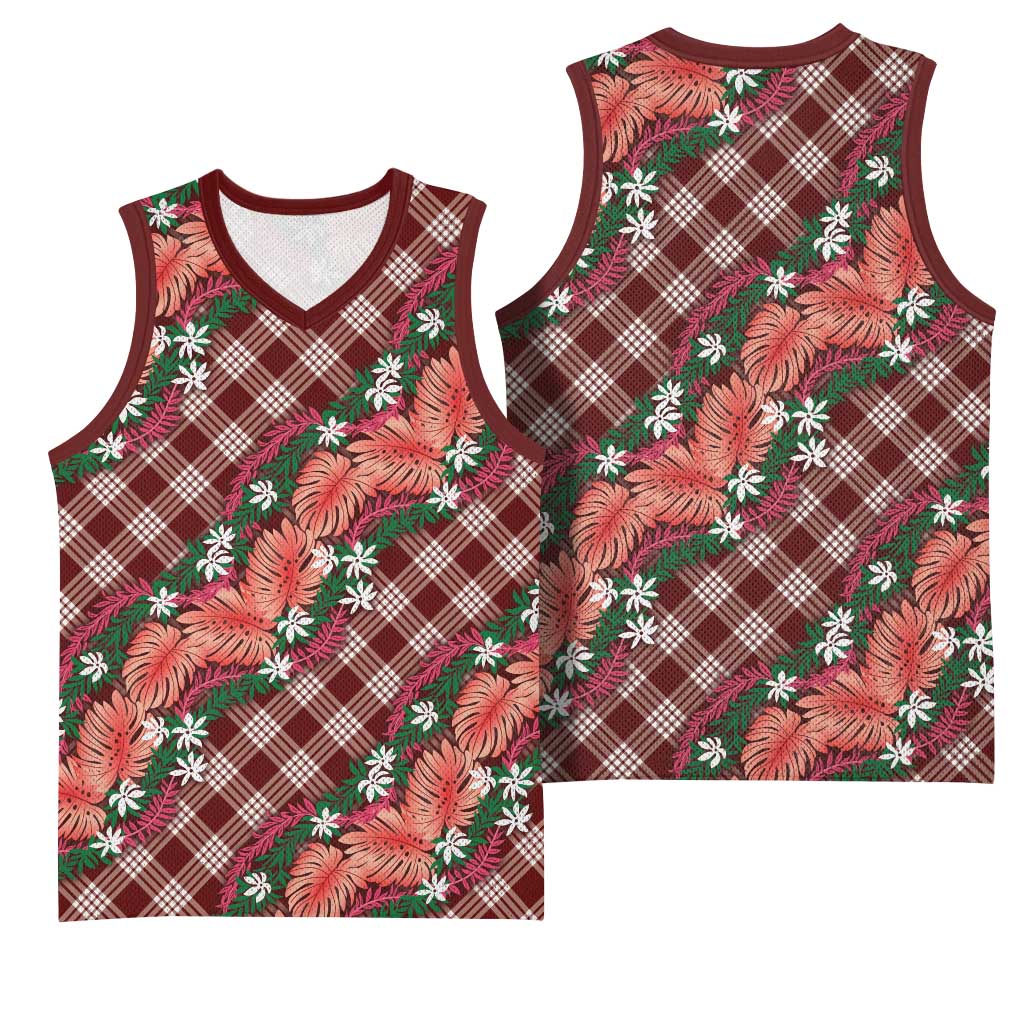 Polynesian Monstera Tiare Floral Basketball Jersey Burgundy Tropical Plaid LT01 - Polynesian Pride