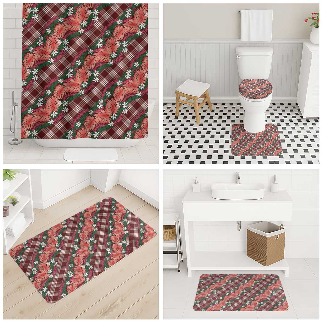 Polynesian Monstera Tiare Floral Bathroom Set Burgundy Tropical Plaid - Polynesian Pride