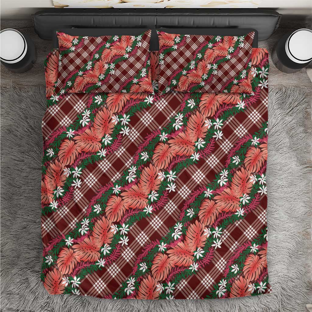 Polynesian Monstera Tiare Floral Bedding Set Burgundy Tropical Plaid - Polynesian Pride