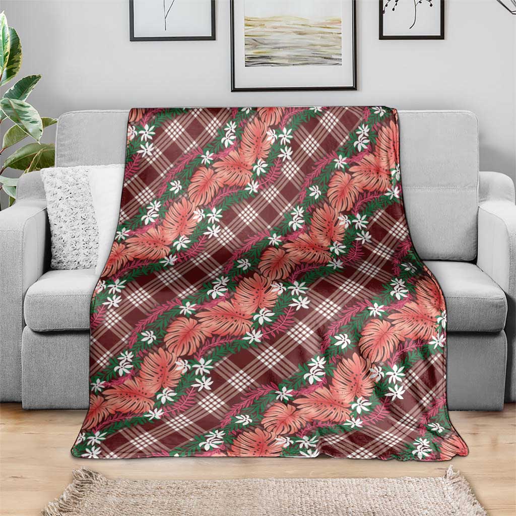 Polynesian Monstera Tiare Floral Blanket Burgundy Tropical Plaid - Polynesian Pride