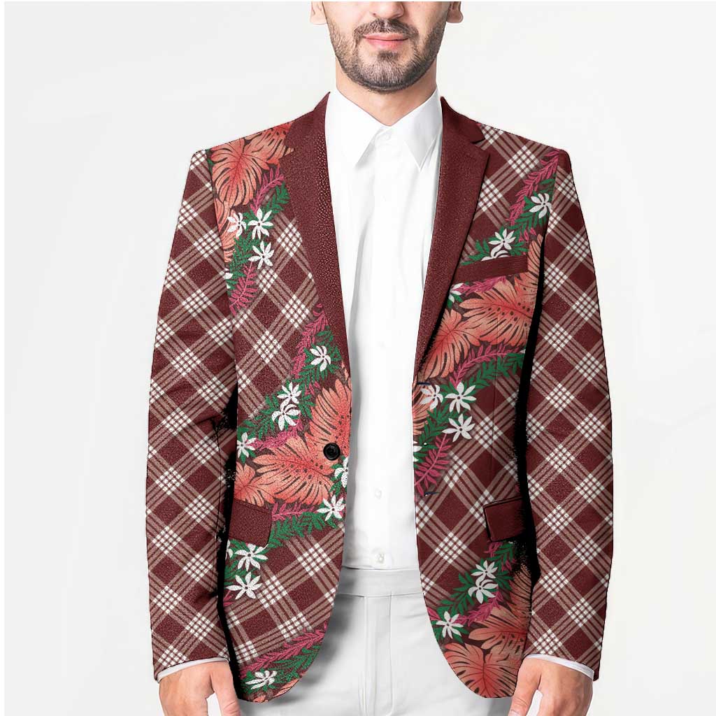 Polynesian Monstera Tiare Floral Blazer Burgundy Tropical Plaid - Polynesian Pride