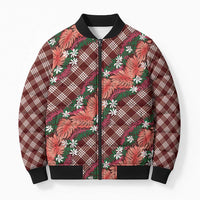 Polynesian Monstera Tiare Floral Bomber Puffer Jacket Burgundy Tropical Plaid LT01 Unisex Red - Polynesian Pride