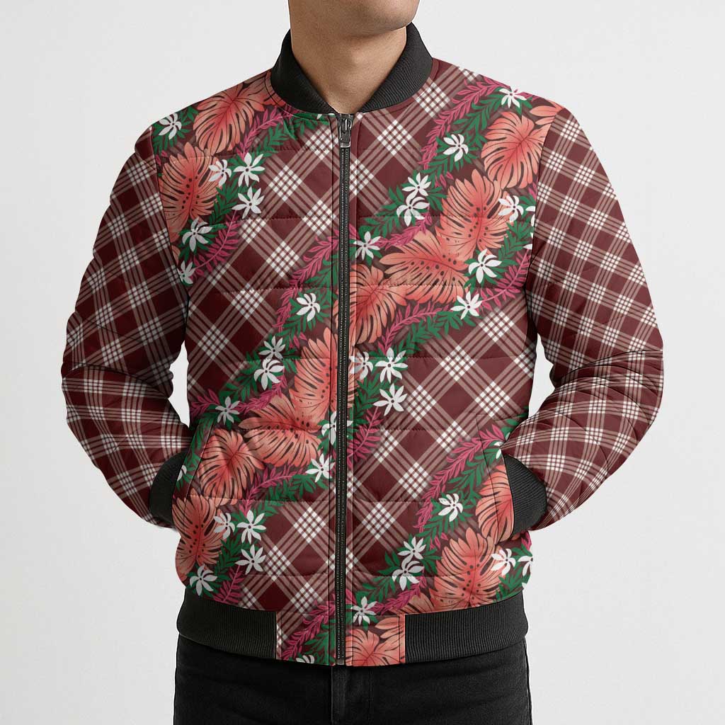Polynesian Monstera Tiare Floral Bomber Puffer Jacket Burgundy Tropical Plaid LT01 - Polynesian Pride