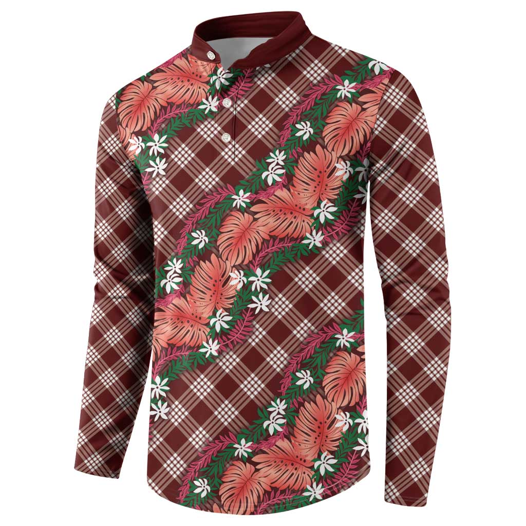 Polynesian Monstera Tiare Floral Button Sweatshirt Burgundy Tropical Plaid LT01 - Polynesian Pride