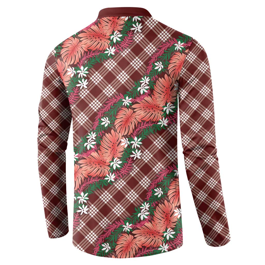 Polynesian Monstera Tiare Floral Button Sweatshirt Burgundy Tropical Plaid LT01 - Polynesian Pride