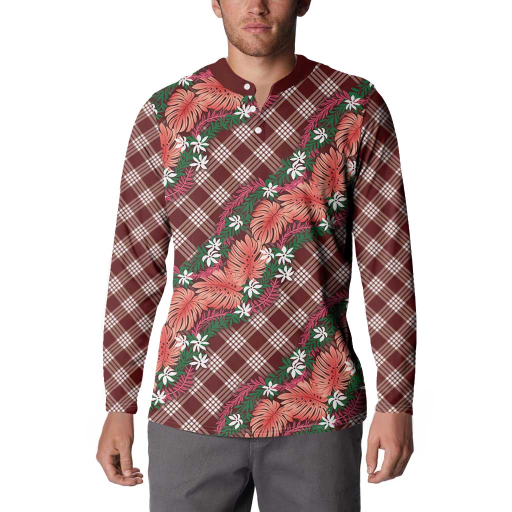 Polynesian Monstera Tiare Floral Button Sweatshirt Burgundy Tropical Plaid LT01 - Polynesian Pride