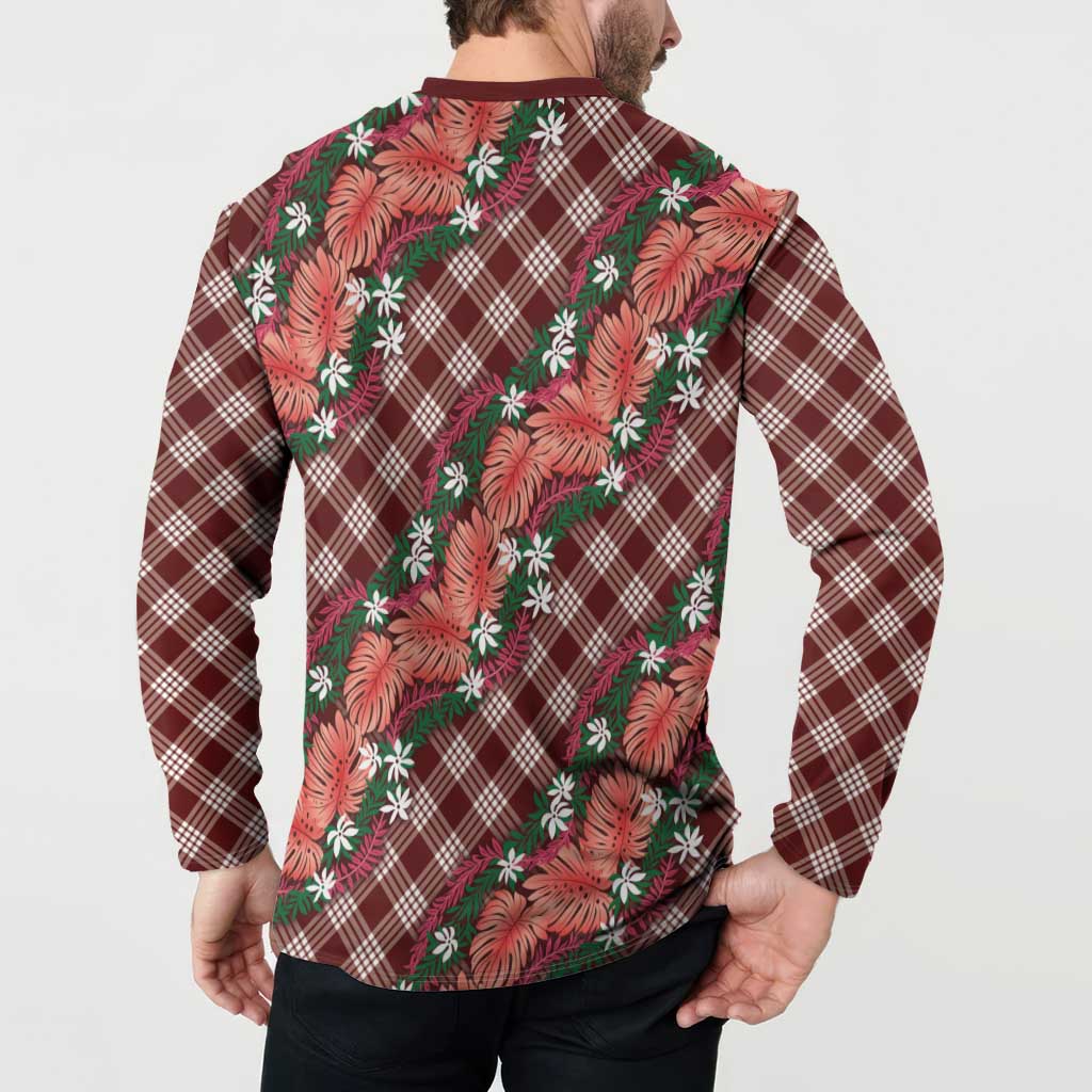 Polynesian Monstera Tiare Floral Button Sweatshirt Burgundy Tropical Plaid LT01 - Polynesian Pride