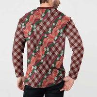Polynesian Monstera Tiare Floral Button Sweatshirt Burgundy Tropical Plaid LT01 - Polynesian Pride