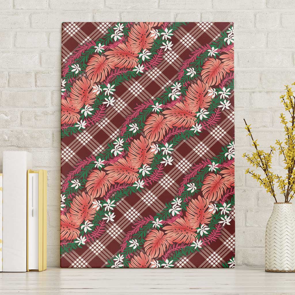 Polynesian Monstera Tiare Floral Canvas Wall Art Burgundy Tropical Plaid - Polynesian Pride