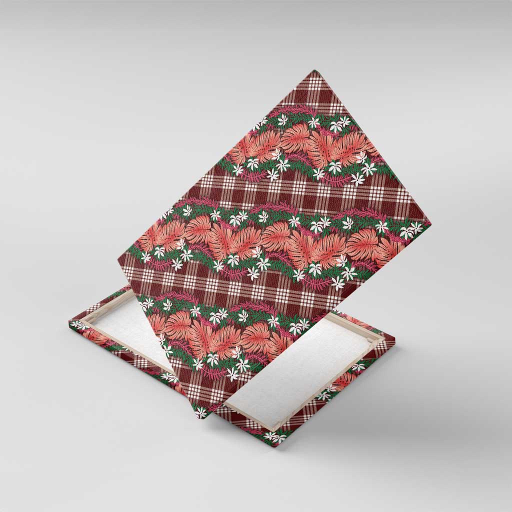 Polynesian Monstera Tiare Floral Canvas Wall Art Burgundy Tropical Plaid - Polynesian Pride