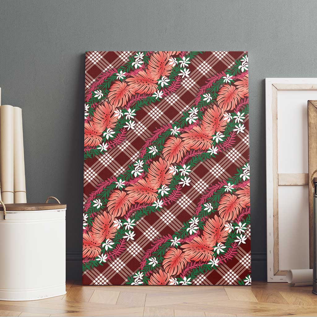 Polynesian Monstera Tiare Floral Canvas Wall Art Burgundy Tropical Plaid - Polynesian Pride
