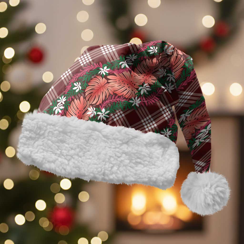 Polynesian Monstera Tiare Floral Christmas Santa Hat Burgundy Tropical Plaid LT01 With Fur Red - Polynesian Pride