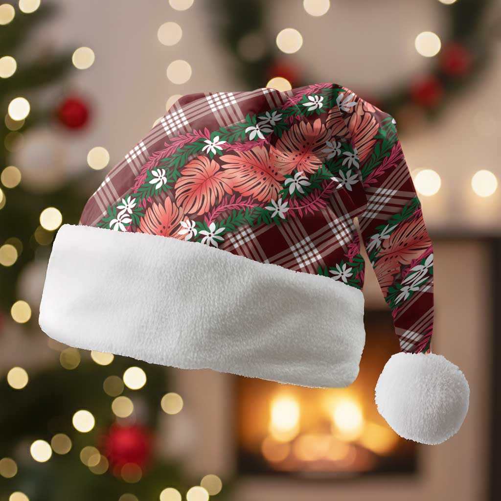 Polynesian Monstera Tiare Floral Christmas Santa Hat Burgundy Tropical Plaid LT01 Without Fur Red - Polynesian Pride