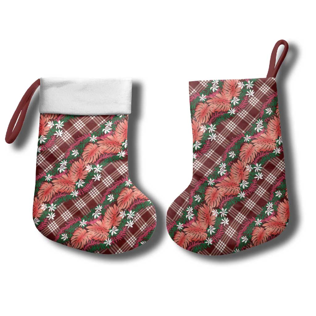 Polynesian Monstera Tiare Floral Christmas Stocking Burgundy Tropical Plaid - Polynesian Pride