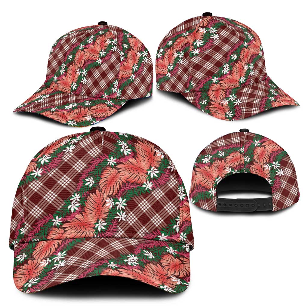 Polynesian Monstera Tiare Floral Classic Cap Burgundy Tropical Plaid LT01 - Polynesian Pride