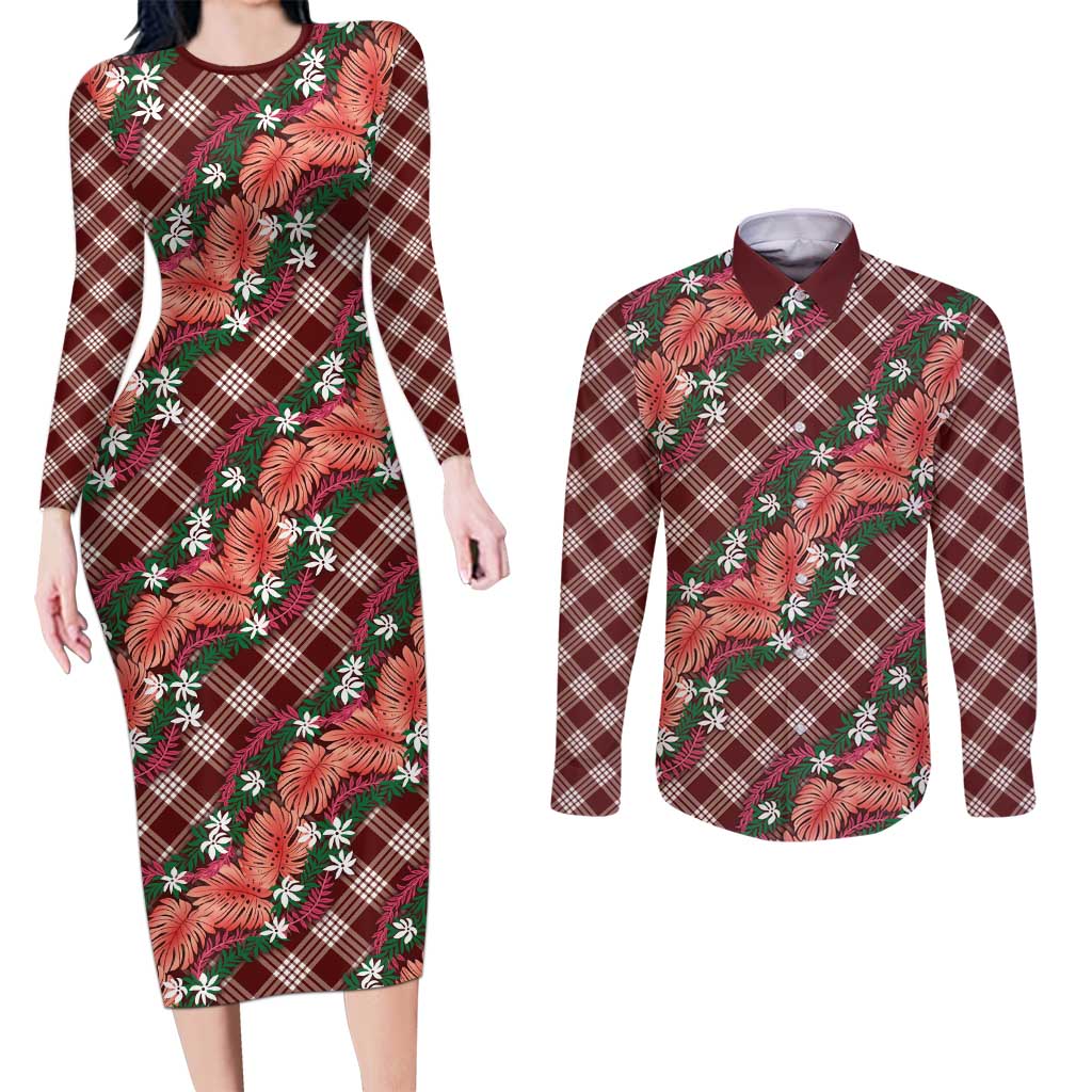 Polynesian Monstera Tiare Floral Couples Matching Long Sleeve Bodycon Dress and Long Sleeve Button Shirt Burgundy Tropical Plaid - Polynesian Pride